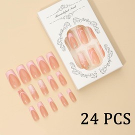 24Pcs French Tip Press on Nails Medium Long Square Fake Nails Pink Heart French Lines with Rhinestones Glitter Full Cover Tip Glue on Nails Designs Cute False Nails for Women Daily Wear Manicure