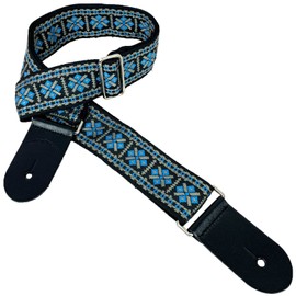 Walker And Williams H-13-M Blue & Gray Vintage Series Woven Hootenanny Hippie Guitar Strap With Thick Leather Ends For Acoustic, Electric, And Bass Guitars