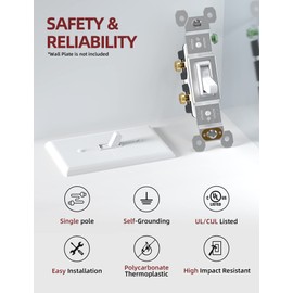 AIDA 15 Amp Toggle Light Switch, Single Pole, Grounding Screw, Residential Grade Electrical Wall Switch, UL Listed (White, 10 Pack)