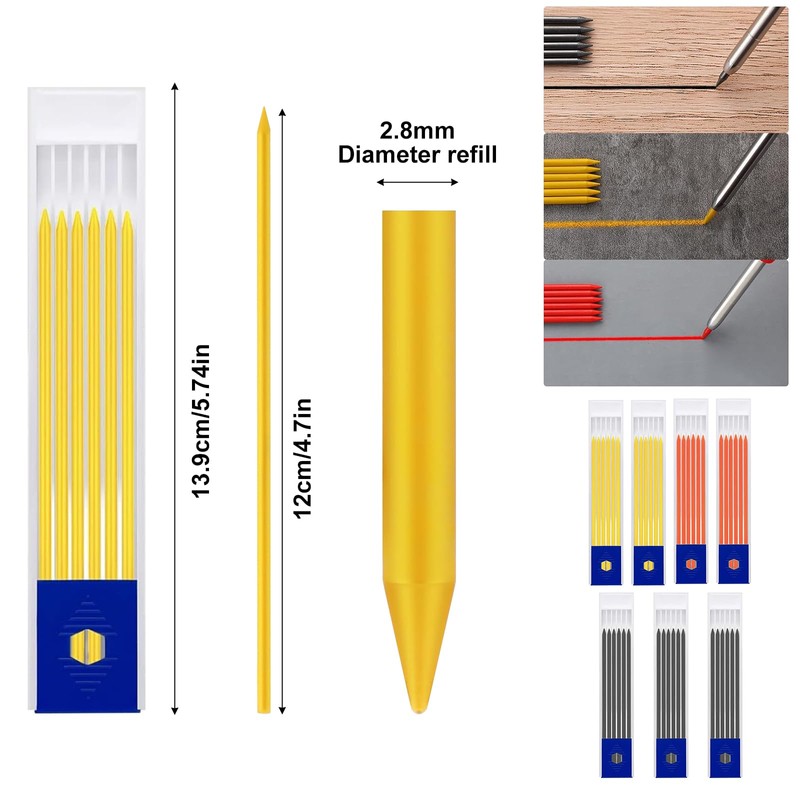 42Pcs Tracer Pencil Refills, 2.8mm Carpenters Pencil Solid Deep Hole