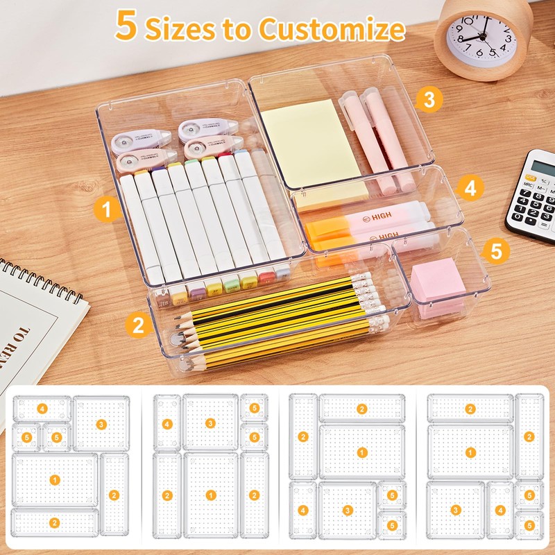 SMARTAKE 13-Piece Drawer Organizers with Non-Slip Silicone Pads, 5-Size Desk