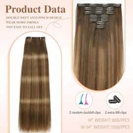 HotLulana Clip-In Real Hair Extensions, 7 Pieces, 40 cm, 120 g, Invisible Remy Hair Extensions, 16 Inches, Skin Weft 4/4/27#