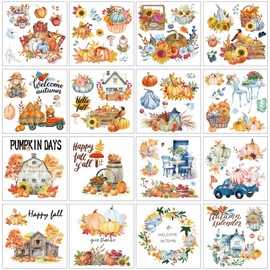 Eiapadeor Fall Rub on Transfers for Crafts - 16 Sheets Fall Leaves Rub on Stickers, Autumn Pumpkin Theme UV DTF Stickers, Waterproof UVDTF Decals for DIY Furniture