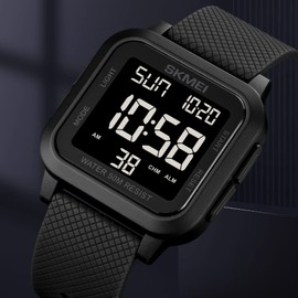 SKMEI Men Digital Sports Watch Ultra-Thin Large Face Waterproof Wrist Watches for Men with Stopwatch Countdown Timer Alarm Function Dual Time LED Back Light