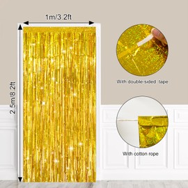 G2PLUS Gold Glitter Foil Curtains, 2PCS Metallic Tinsel Foil Fringe Curtains, 1m×2.5m Party Backdrop Streamers, Tinsel Curtain for Birthday Wedding Graduation Prom Decoration