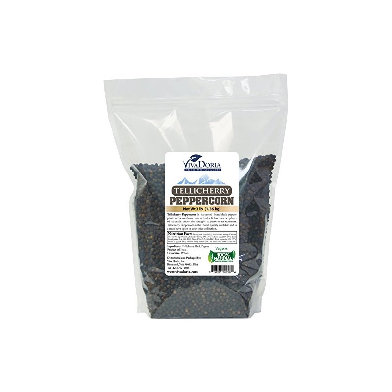 Viva Doria Tellicherry Black Peppercorn, Steam Sterilized Whole Black Pepper,