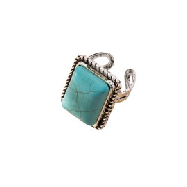 IMINI Boho Turquoise Square Ring for Women Girls Antique Silver Open Adjustable Vintage Stackable Midi Joint Finger Ring Wedding Party Retro Jewelry Birthday Graduation Gift Comfort Fit