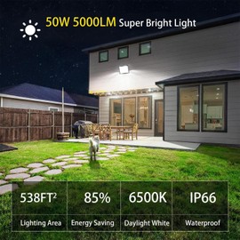 Zelvia LED Flood Lights Outdoor-50W 5000lm Super Bright LED Work Light with US Plug,6500K Daylight White Floodlight,IP66 Waterproof Security Outside Lights for Yard Garage Stadium Bowfishing-1 Pack