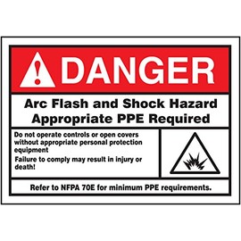 Accuform Signs LELC136 Safety Label, Danger Arc Flash and Shock Hazard..." with Graphic, 3.5" Length x 5" Width x 0.006" Thickness, Adhesive Dura-Vinyl, Red/Black on White