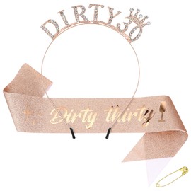 AOZUO Dirty 30 Birthday Sash Rhinestone Headband Set, Dirty Thirty Birthday Tiara Sash 30th Birthday Decoration Gifts Rose Gold Birthday Party Supplies for Women