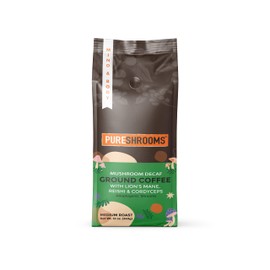 PureShrooms Decaf Mushroom Coffee | Single Origin, Swiss Water, Ground, Infused with Organic Lion’s Mane, Reishi & Cordyceps + L‑Theanine – Guatemala 12 oz Bag