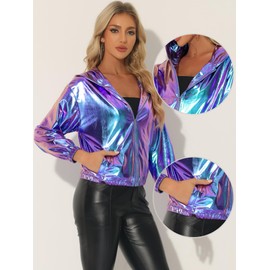 Allegra K Holographic Jackets for Women's Hooded Long Sleeve Zipper Christmas Metallic Jacket Medium Blue Purple