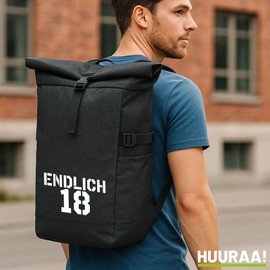 Huuraa Messenger Backpack Endlich 18 Lettering Gift 30-44 Litres Black Melange Roll-Top Fairtrade Endlich 18 Gift Idea
