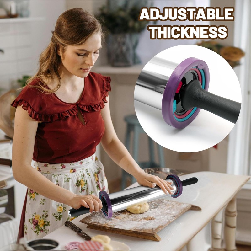 SHIKORI Rolling Pin,Adjustable Rolling Pin with Thickness Rings, Stainless Steel