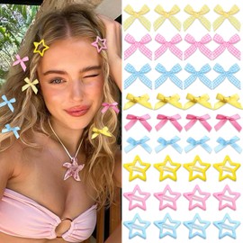 STGDAK 36 Pcs Star Hair Clips Colorful Mini Hair Bow Cute Satin Ribbon Alligator Clip Bow Hair Barrettes Plaid Star Clip Kawaii Snap Barrettes Non Slip Y2k Hot Pink Hair Accessories For Women Girls