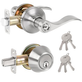 HOSOM Keyed Alike Front Door Lever Lockset with Single Cylinder Deadbolt, Entry Door Lock Set Exterior Door Knob with Lock and Deadbolt, Satin Nickel Finished Door Handle with Wave Style