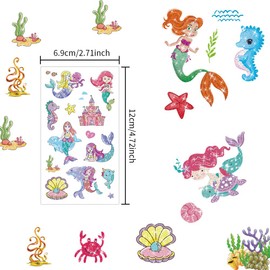 Glitter Temporary Tattoo for Kids,10 Sheet Mermaid Tattoo Stickers Featured Marine Animal Patterned for Girls, Waterproof Fake Tattoos for Birthday Party Favors Goodie Bags Stuffers Party Fillers