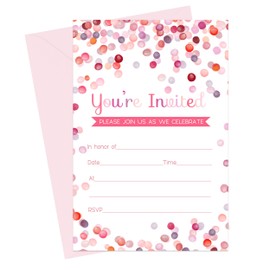 Pink Confetti Invitation and Envelope Pack of 15 – Blank Invite Set for Girls Baby Shower, Birthday, Teens, Kids, Special Events - Watercolor Dot Design – Printed 4x6 Size Cards - Paper Clever Party