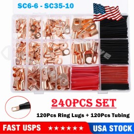 Kuzavtye 240Pcs Battery Cable Lugs Eyelets Copper Ring Terminals Welding Wire Connectors