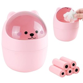 Mini Trash Can, Cute Small Trash Can with Lid, Desktop Paper Bin with 5 Rolls of Bin Liners, Portable Tabletop Dustbin, Cartoon Animal Rubbish Storage for Office Bedroom Desk Car Kitchen(Pink) - Color: Option 1