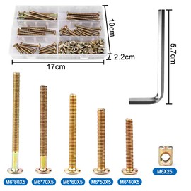 FIGFYOU 51Pcs M6 Furniture Bolt Nut Set,Furniture Bolts Nuts Zinc Plated M6 Crib Screws Furniture Screws and Bolts Assortment Kit Bed Screws Kit for Crib Bunk Bed Furniture Cot(40, 50, 60, 70, 80mm)