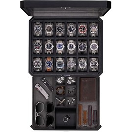 ROTHWELL 18-Slot Watch Case with Drawer – Luxury Watch Box for Men, Real Glass Top, Lockable, Display Case for Collections (Black/Grey)