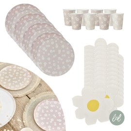 Luck and Luck Daisy Flower Party Pack for 8 People | Floral Birthday Set | Tea Party Tableware