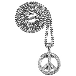 GWOOD Peace Sign Pendant with 36 Inch Long Cuban Necklace (SILVER COLOR)