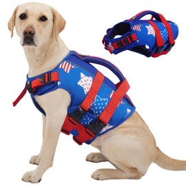 Kuoser Dog Life Jacket High Flotation, American Flag Dogs Life Vest for Swim Boating, Independence Day dog lifejacket with Reflective & Rescue Handle, Adjustable Doggy Life Preserver for Large Dogs XL