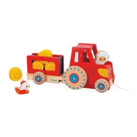 Janod - Tractor for pulling - Baby and toddler toy - 1 toy tractor + 6 accessories - Low-noise wheels - Promotes motor skills - FSC wood toy - From 12 months, J03317