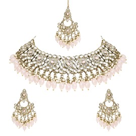 I Jewels Gold Plated Indian Wedding Bollywood Kundan Pearl Drop Bridal Choker Necklace With Chandbali Earrings & Maang Tikka Jewellery Set For Women (K7256) (Pink)