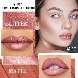 2-in-1 Nude Gold Metallic Lipstick and Lip Liner Makeup, Shimmer Liquid Metallic Lipsticks for Women, Glitter Lip Gloss Stain Long Lasting Waterproof Smudge Proof 24 Hour, Cruelty-Free 27