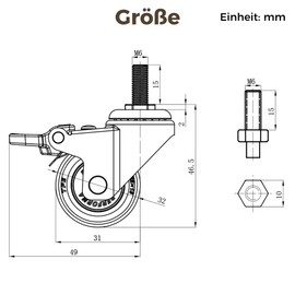 bowarepro 4 x Castors for Furniture, 32 mm Furniture Castors, Small, M6 x 15 mm Swivel Castors with Thread, 2 Wheels with Brake, 16 kg per Castor (M6)