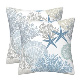 DILOXNSU Cushion Covers 50cm x 50cm Set of 2 Double-Sided Blue Ocean Coastal Beach Seashell Coral Starfish Velvet Modern Decorative Square Pillow Cover for Sofa Bed Livingroom 20x20 Inches