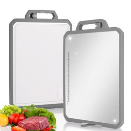 GENXONE Stainless Steel Cutting Board, Double Sided Steel Cutting Board for Kitchen, 304 Stainless Steel/PP Large Cutting Board for Meat, with Juice Groove, Grinder, Knife Sharpener,17.2x11.8in