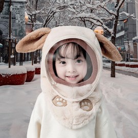 F Fityle Face Winter Kids Hat Windproof Animal Ears Hat Balaclava Removable Hooded Hat Face Cover for Camping Children Skiing, Rabbit Ears Beige