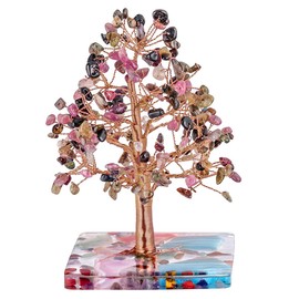 mookaitedecor Natural Tourmaline Crystal Money Tree Figure for Home Decor, Handmade Copper Wrapped Fengshui Tree with Agate Resin Base, Table Office Decoration for Wealth Fortune