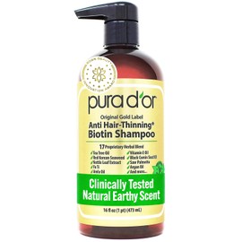 PURA D'OR Original Gold Label Anti-Thinning Shampoo Clinically Tested, Infused with Argan Oil, Biotin & Natural Ingredients, Sulfate Free, All Hair Types, Men and Women, 16 Fl Oz (Packaging may vary)