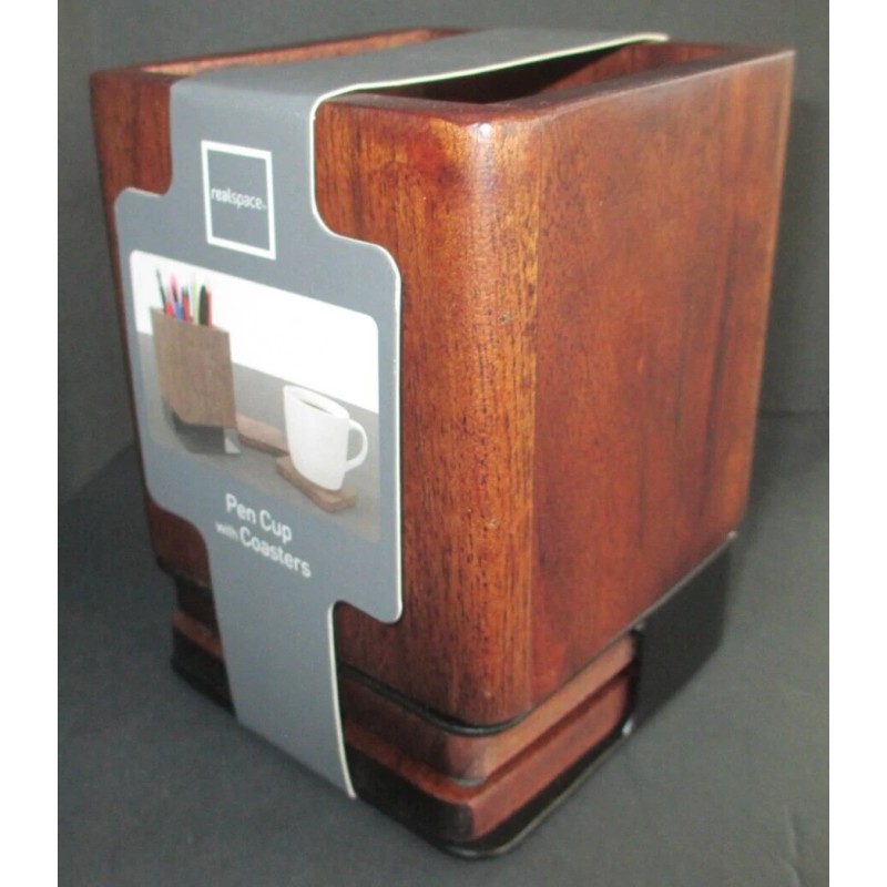 Realspace Solid Wood Walnut Danish Modern Desk Pen Holder with