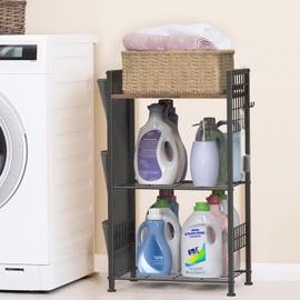 YBING 3 Tier Bathroom Shelf Organizer, Laundry Room Organization Shelves, Free-Standing, Storage Shelving Unit, Storage Bags and Hanging Hooks, Laundry Room Organizer and Storage, Brown