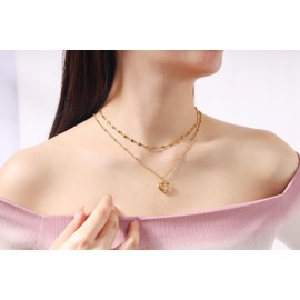 MILAKOO 2Pcs Gold Layering Pendant Necklace for Women Hallow Heart with Ball Beads Chain Moon & Star Link Necklace
