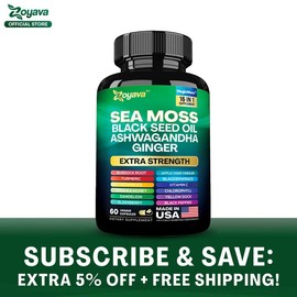 Zoyava Sea Moss Supplement - All-in-One Multivitamin with Black Seed Oil, Ashwagandha & 15+ Extra Strength Ingredients - 60 Capsules - MADE IN USA - Color: 180 Count (3 Months Supply)