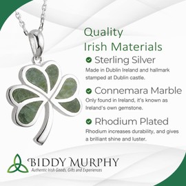 Biddy Murphy, Women's Irish Shamrock, Lucky Three Leaf Clover 925 Sterling Silver Pendant 20" Inch Necklace with Connemara Marble Inlay
