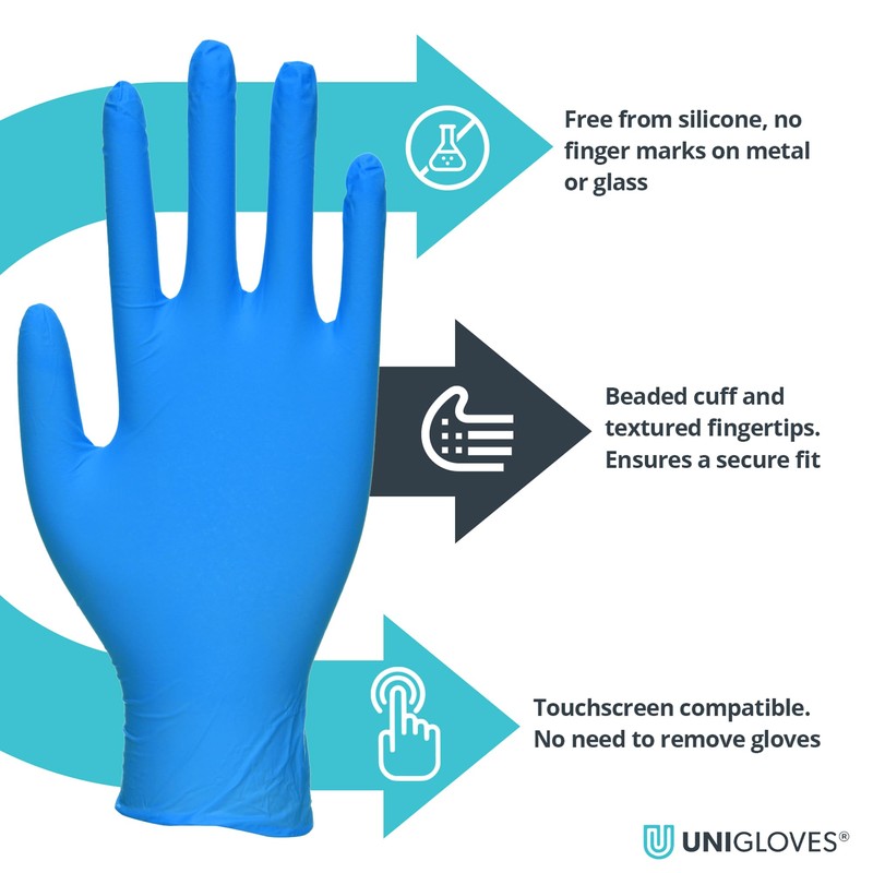 UNIGLOVES PRO.TECT Max 9N, Blue Nitrile Gloves, Box of 100,