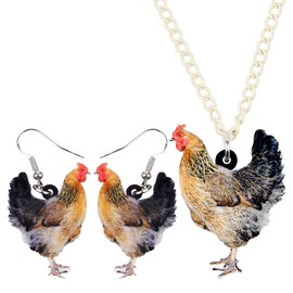 DUOWEI Acrylic Chicken Earring Necklace Jewelry Sets Cute Farm Hen Jewelry for Women Girls Charms Gifts (Brown)