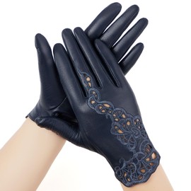 FIORETTO Womens Genuine Leather Driving Gloves Touchscreen Unlined Sheepskin Ladies Driving Gloves Thin Navy Blue X-Large