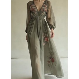 BEYINCUTE Womens Green Tulle Floral Beach Cover Up Sundresses with Belt Long Sleeves V Neck Summer Ruffle Tiered Dresses