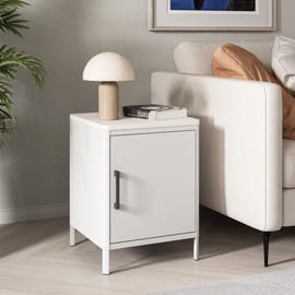 Steehoom Nightstand with 1 Door, Metal Side Table with Wooden top for Bedroom, Living Room and Dorm 15.75 x 15.67 x 21.26 Inches (1 Door, Cream)