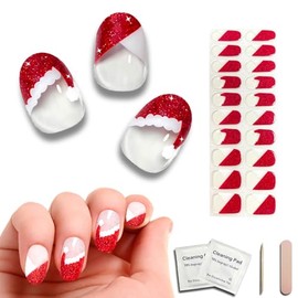 Gallasy 20PCS Christmas Semi Gel Nail Strips, Christmas Hat Cured UV Gel Nail Stickers, Christmas Red Manicure Tip Nail Stickers, Includes Prep Pads, Nail File & Wooden Stick