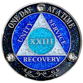(Years 1-50) AA 23 Year Crystals & Glitter Medallion, Silver Color Plated, Black Rainbow, Blue Glitter and Three Clear Crystals, Epoxy Covered (AA 23 Year Crystals & Glitter Medallion)